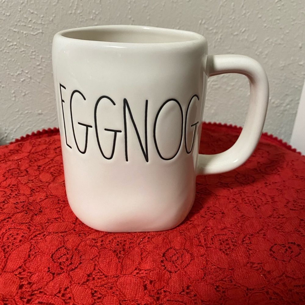 Rae Dunn Christmas mug with “Eggnog” text